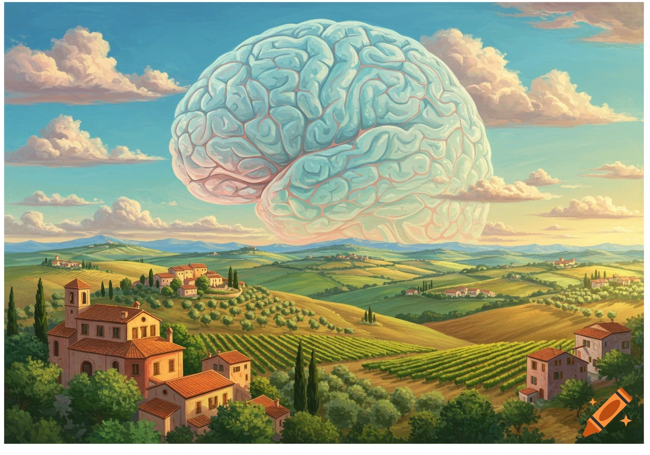 A giant translucent human brain floats above a picturesque Italian countryside with houses, vineyards, and olive groves under a blue sky.