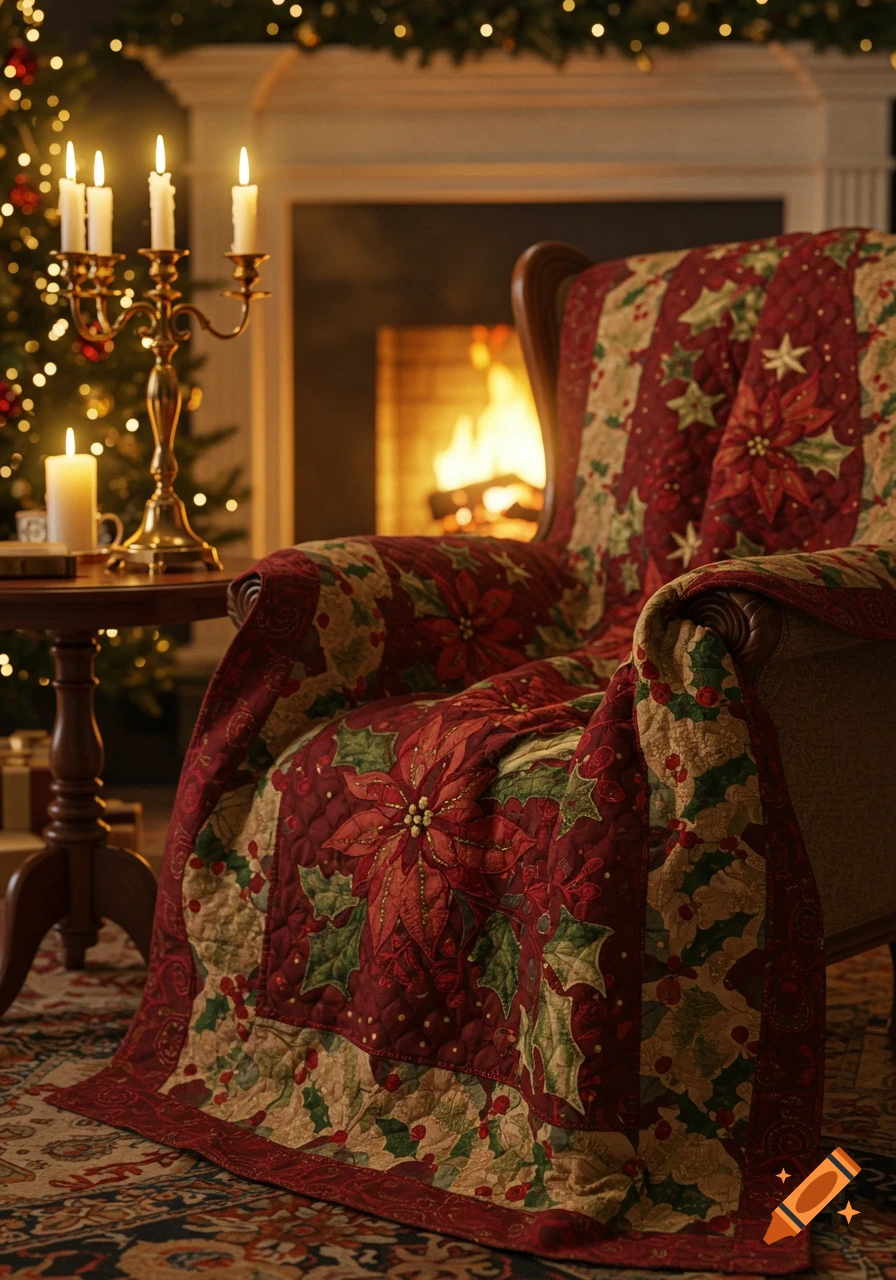 A cozy armchair draped with a red and green Christmas quilt, next to lit candles and a warm fireplace in a festive room.