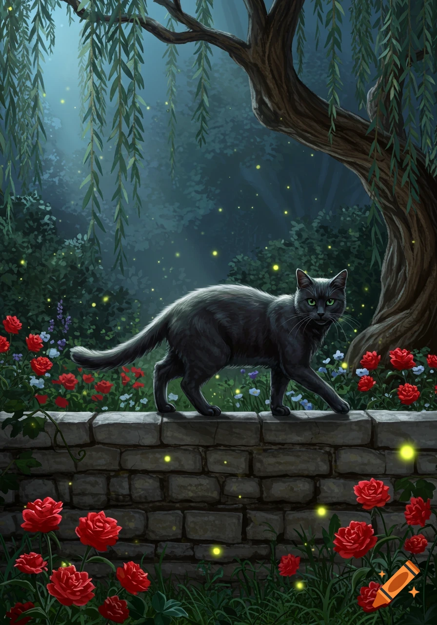 A black cat with green eyes walks on a stone wall in a moonlit garden ...