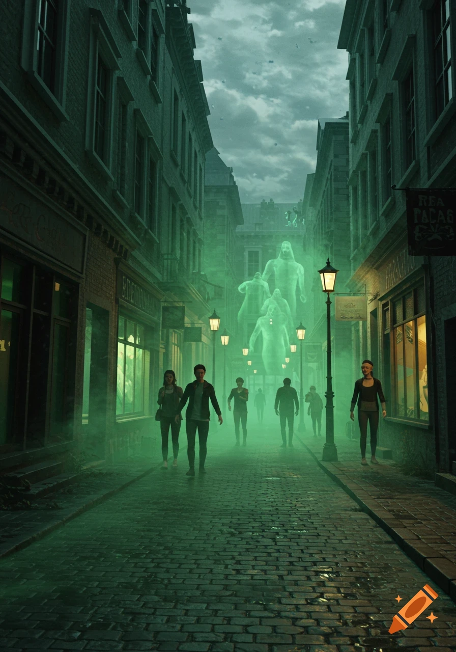Computer animated scene of people walking on a foggy, gas-filled city street with glowing green humanoid figures.