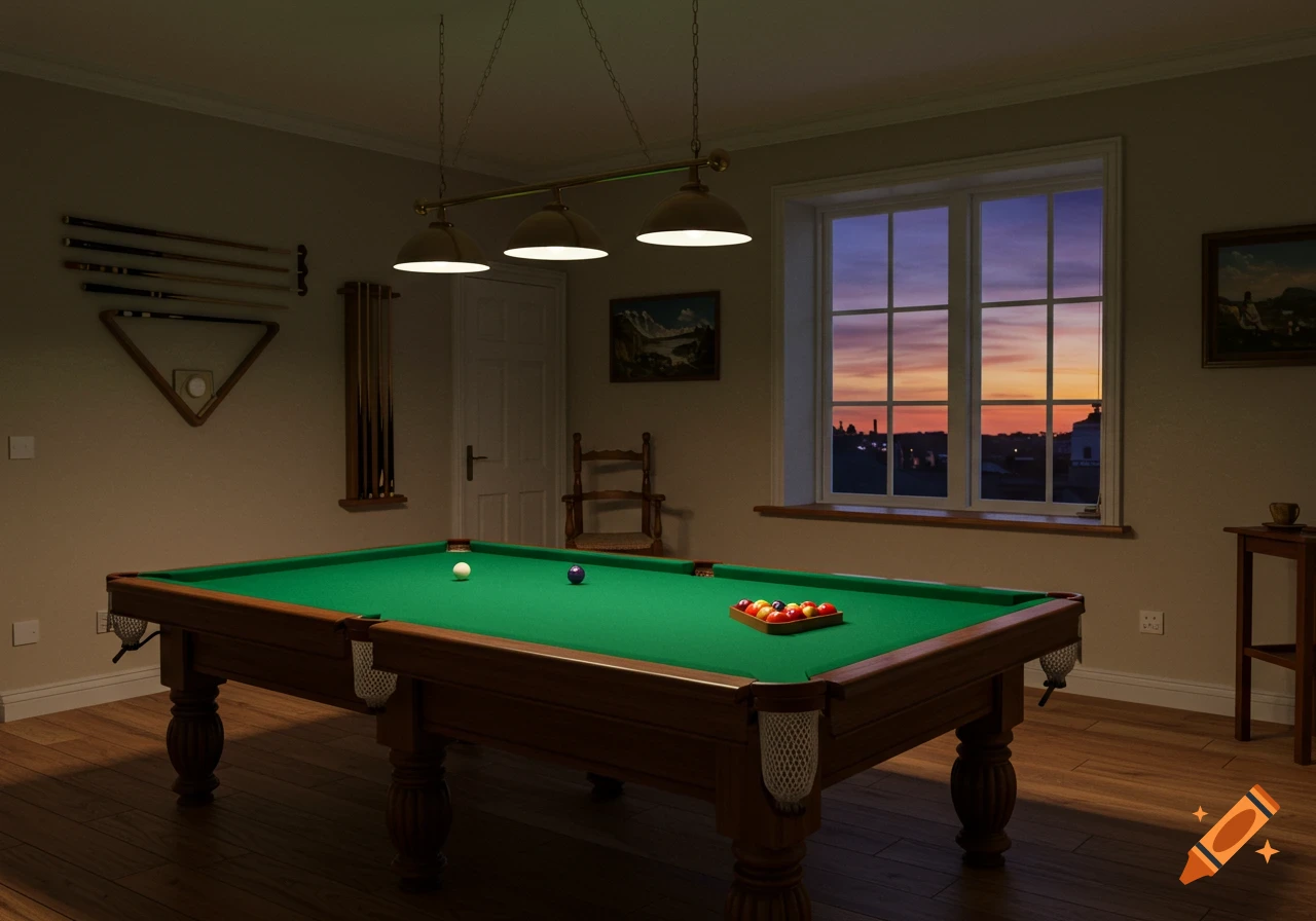 Photorealistic billiards room with a green pool table, cues on the wall, and a window showcasing a vibrant sunset.