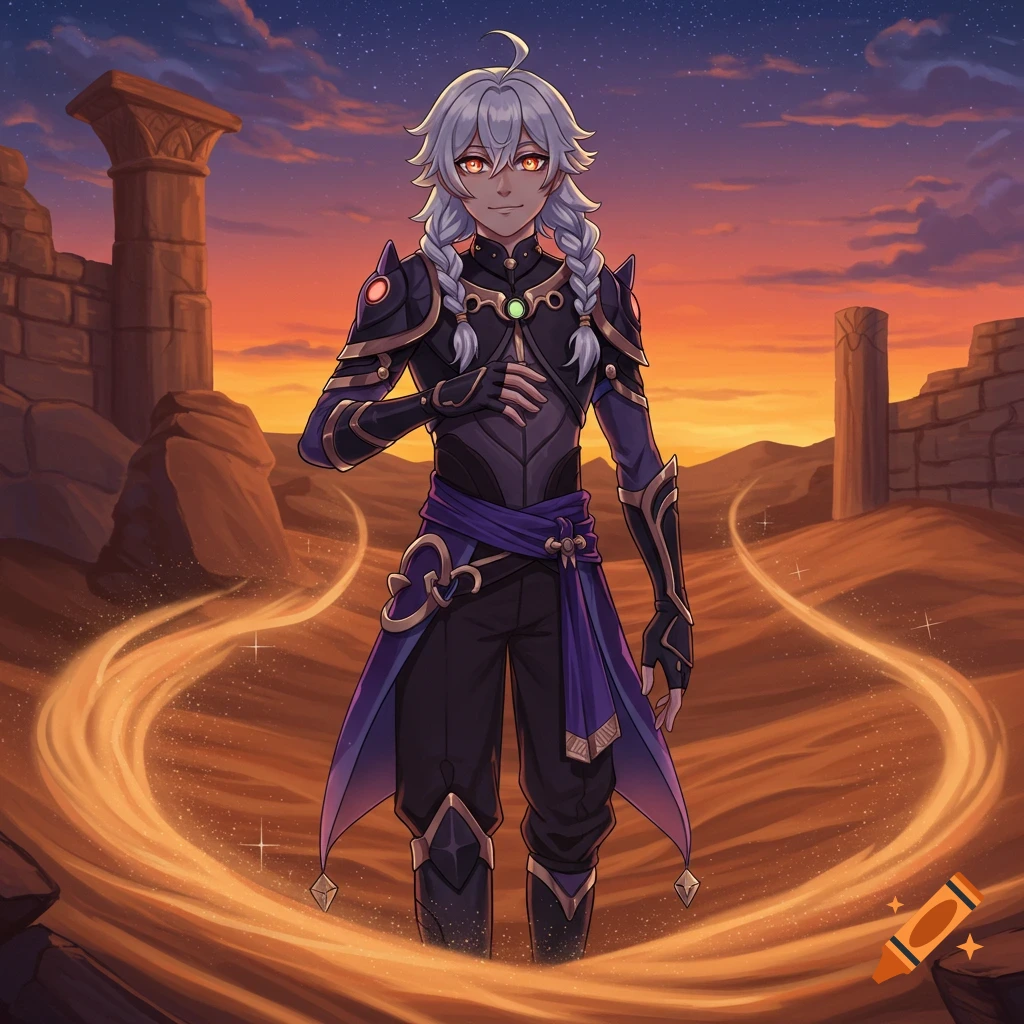 Anime character with white braided hair, dark armor, glowing eyes in a desert with ruins at sunset, sand swirling.