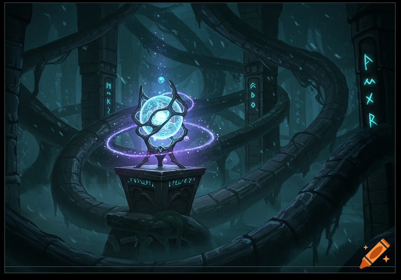 A glowing magical orb on a pedestal in a dark, eerie labyrinth, fantasy art.