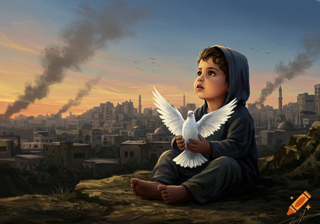 A young child, in a hooded top, sits on a hill overlooking a city with smoke plumes, holding a white dove and looking skyward in a stylized illustration.