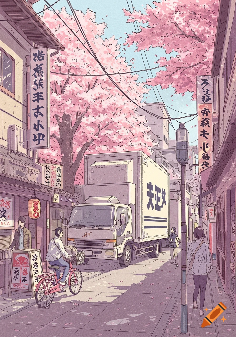 Manga-style illustration of a moving truck driving down a narrow street lined with traditional Japanese buildings and cherry blossom trees in full bloom. A person rides a bike, and others walk under the pink canopy.
