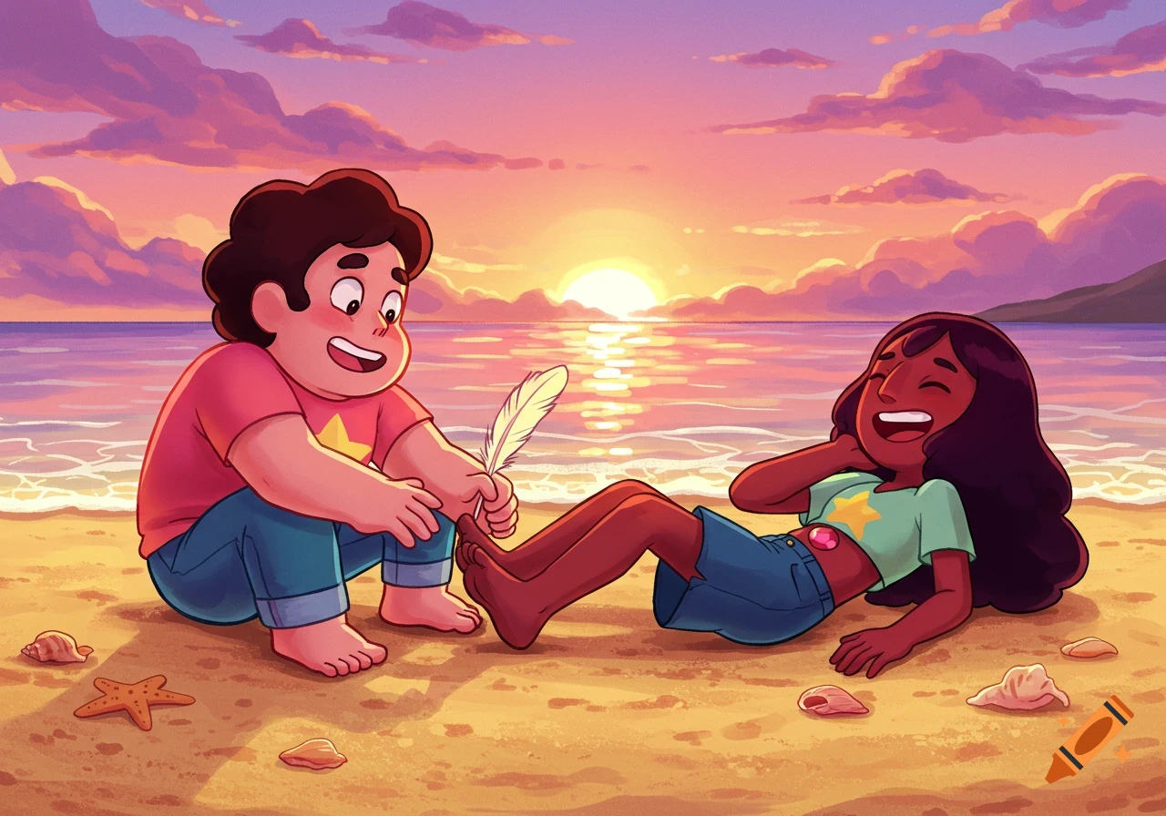 Steven tickles Connie's feet with a feather on a beach during sunset in a cartoon style.