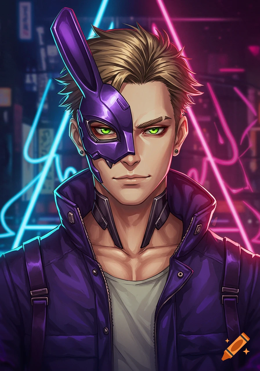 A male character with messy blonde hair, piercing green eyes, and a sleek purple bunny-inspired half-mask over one eye, set against a neon cyberpunk background.