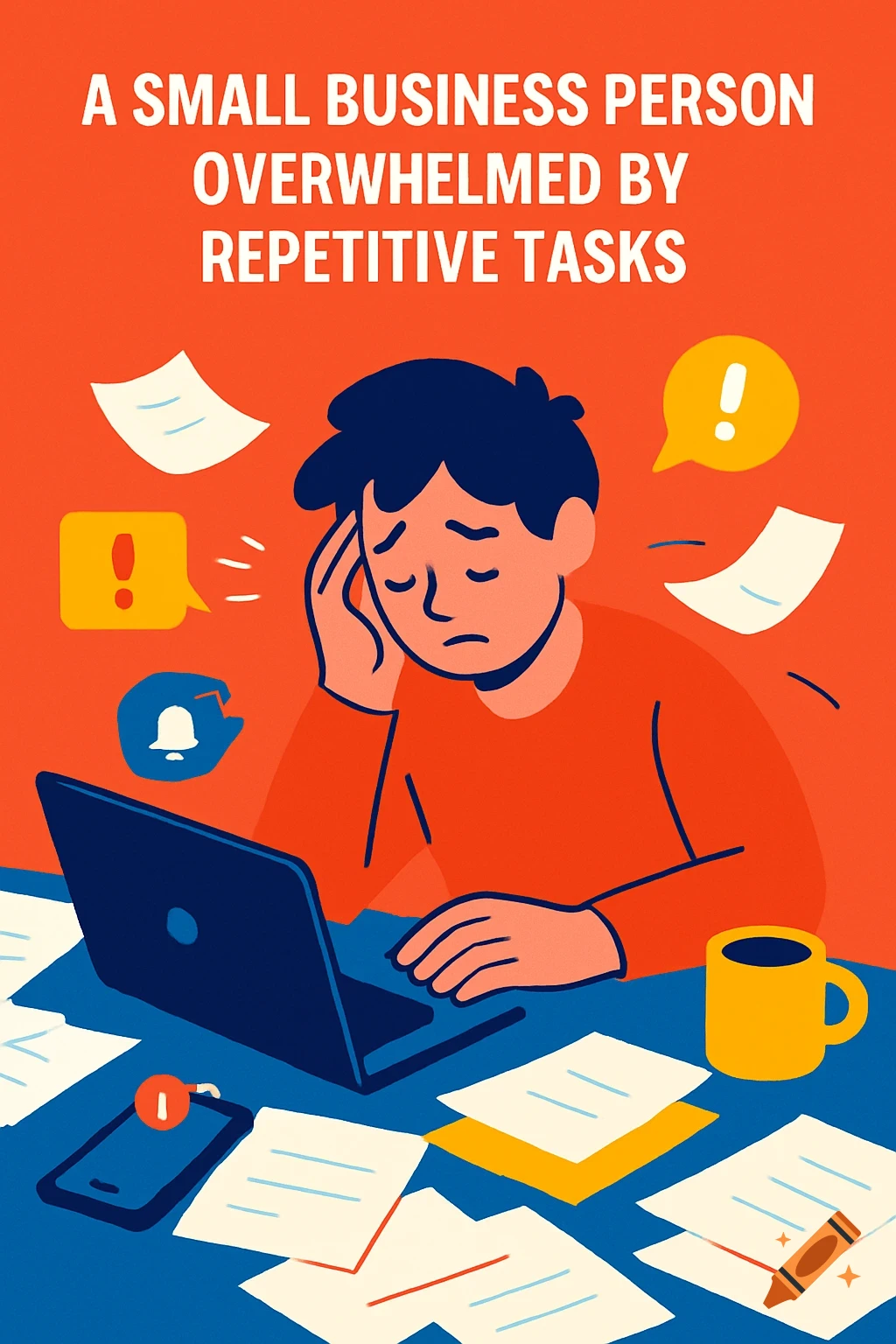 A stressed business person at a desk with a laptop, phone, and many papers, illustrating being overwhelmed by tasks. Flat design.