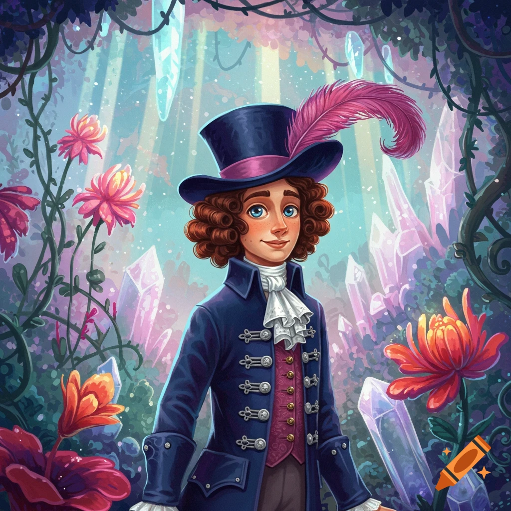 A dandy-dressed person with curly hair and a feathered top hat stands in a vibrant fantasy forest with glowing crystals.