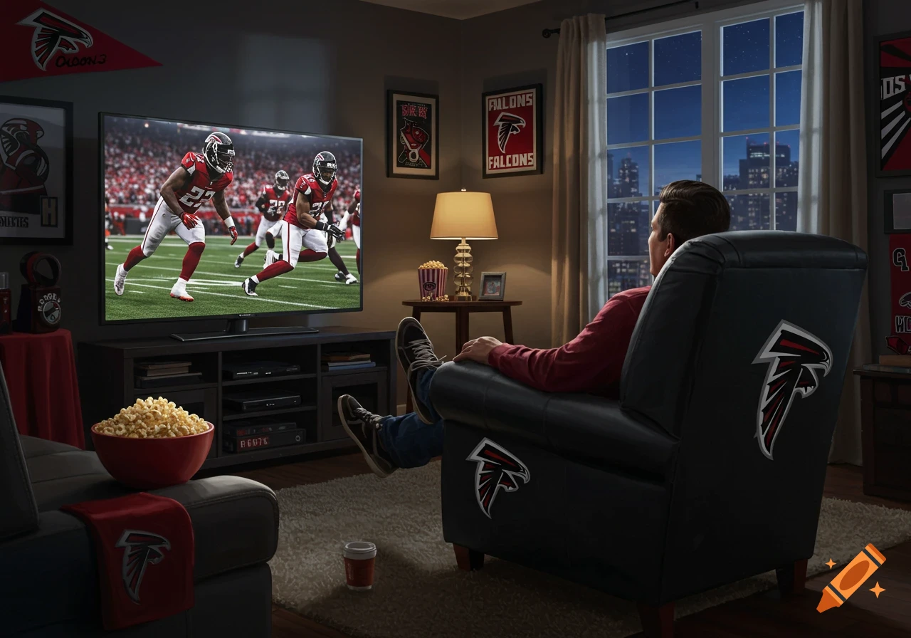 A man in a red shirt and jeans relaxes in a black armchair with a Falcons logo, watching a football game on a large TV in a dimly lit room at night. Popcorn is on a side table and a bowl of popcorn is on the couch.