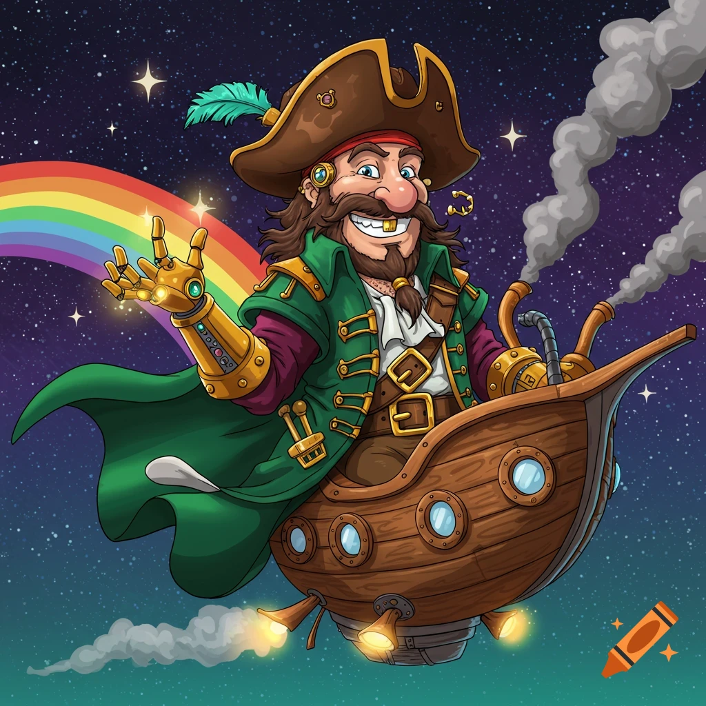 Smiling cartoon steampunk space pirate in a flying boat with glowing mechanical hand, starry sky, rainbow, 80s cartoon style.