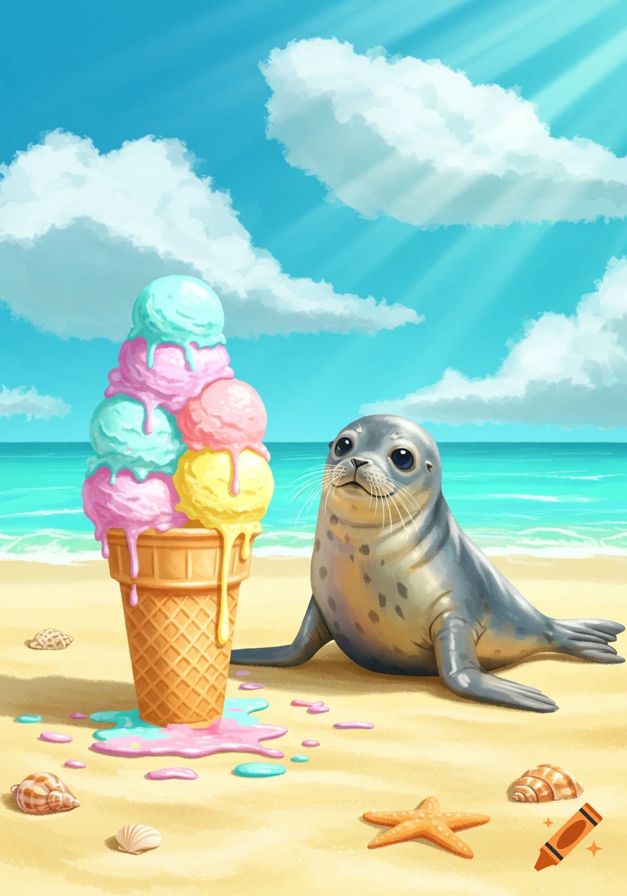 A cartoon seal looks at a melting, colorful ice cream cone on a sandy beach under a blue sky.