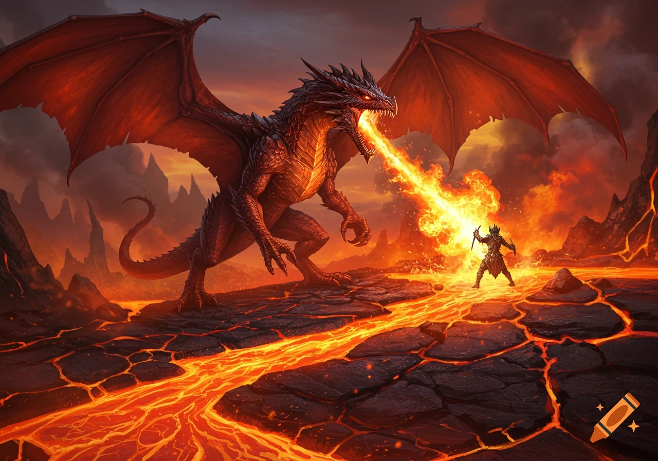 An epic fantasy artwork of a red dragon breathing fire at a lone warrior in a fiery, lava-filled landscape.