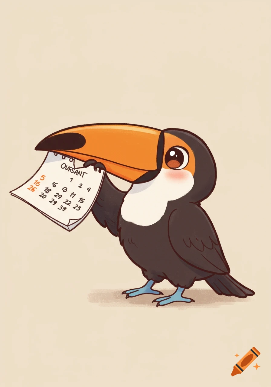 A cute cartoon toucan with an orange beak holds a white calendar page against a soft beige background.