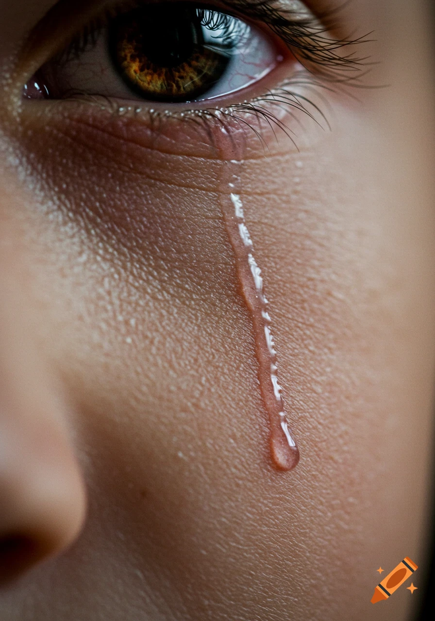 Extreme close-up of a brown eye shedding a tear that rolls down a detailed cheek, with reflections in the pupil.