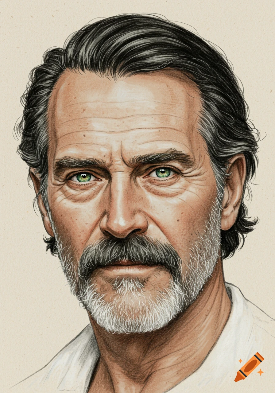 Detailed sketch portrait of an older man with graying dark hair, green eyes, mustache, and white goatee.