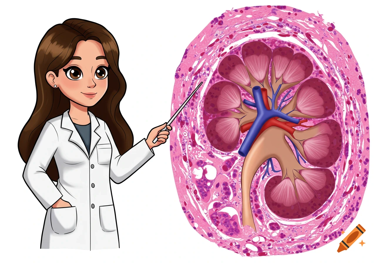 Cartoon female professor in a white lab coat points at a magnified cross-section of a kidney against a white background.