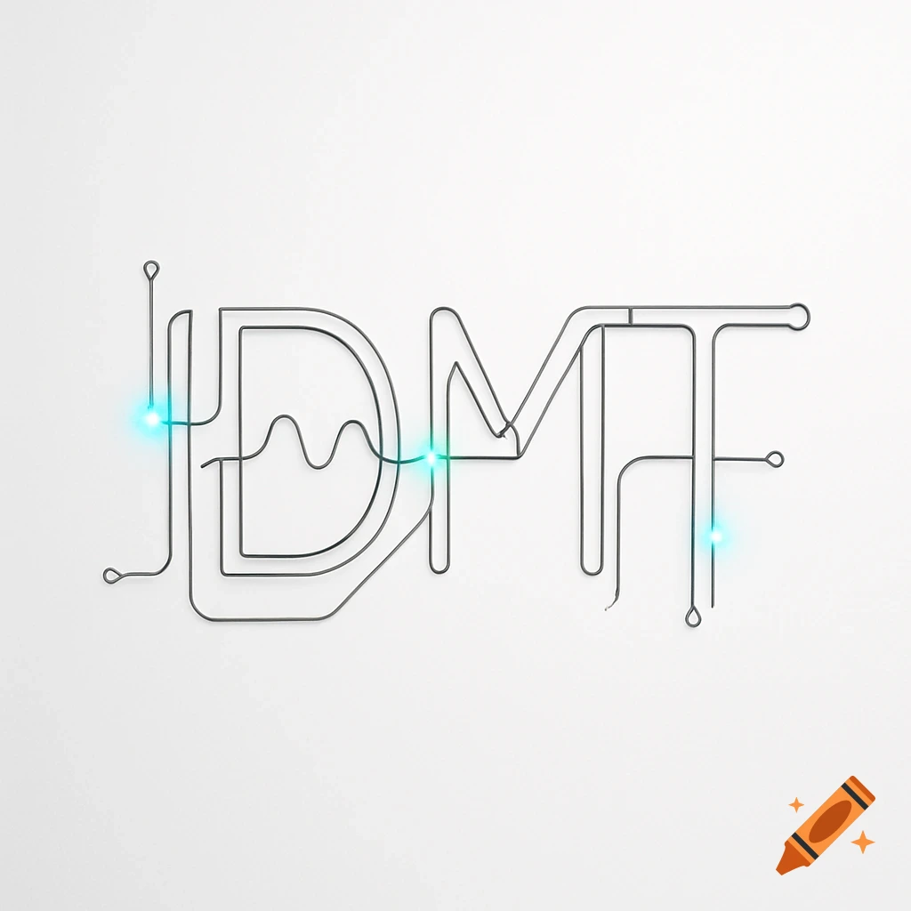Minimalist wireframe text 'IDMT' with glowing blue lights on a white background, resembling a circuit or waveform.