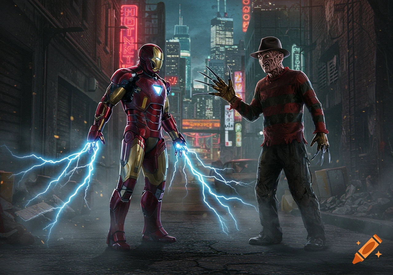 Iron Man with lightning hands faces Freddy Krueger in a dark, neon-lit city alley, stylized digital art.