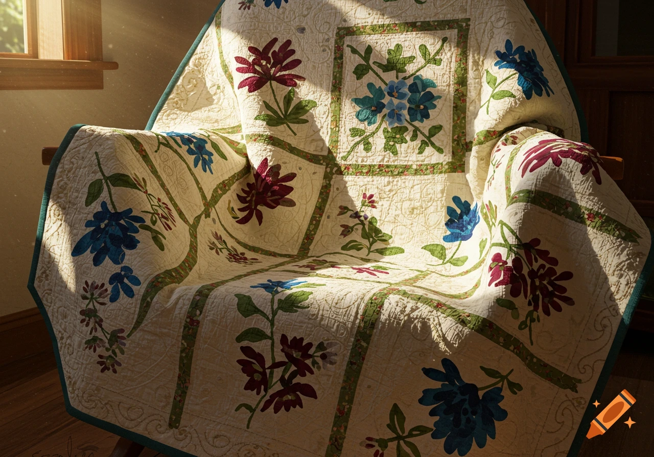 An elegant applique quilt with blue and maroon flowers draped over a chair, bathed in sunlight.