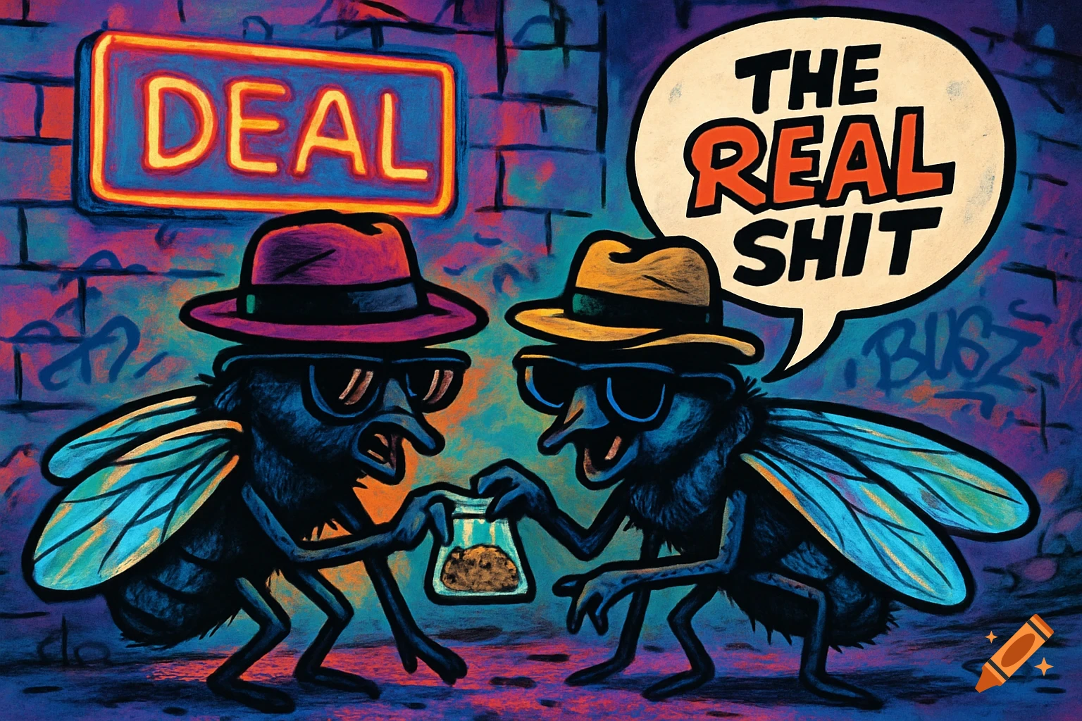 Two cartoon flies in hats and sunglasses making a 'deal' in a grungy, neon-lit alley. One says 'THE REAL SHIT', a sign reads 'DEAL'.