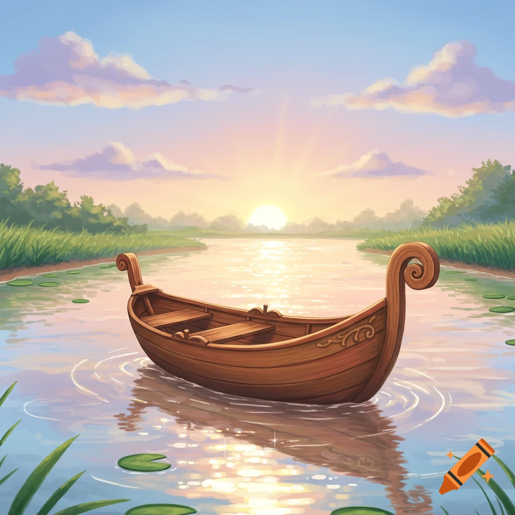 A wooden boat floats on a sparkling river at sunrise, surrounded by lush green banks, in a storybook cartoon style.