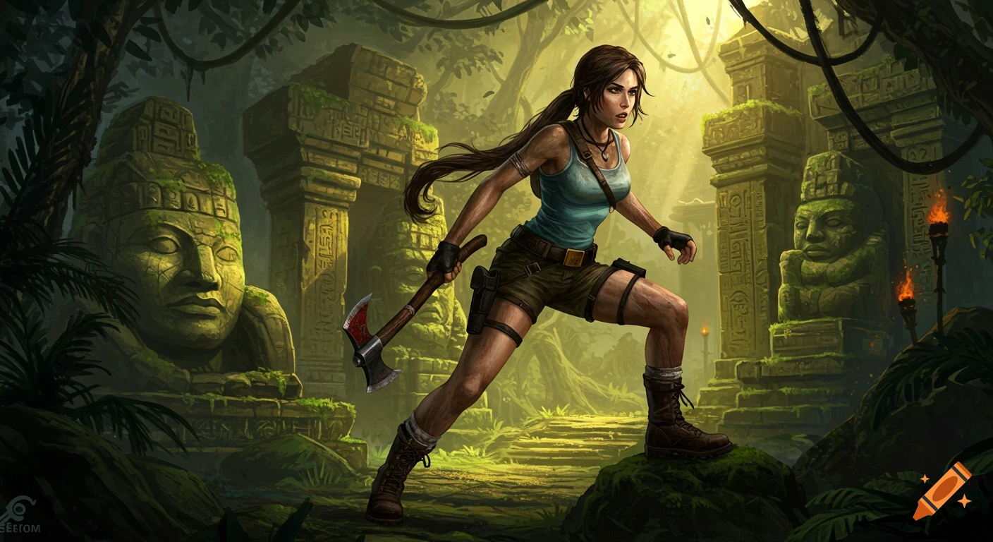Lara Croft in a teal top and brown shorts, holding an axe, stands poised on mossy rocks amidst overgrown ancient ruins in a sunlit jungle.