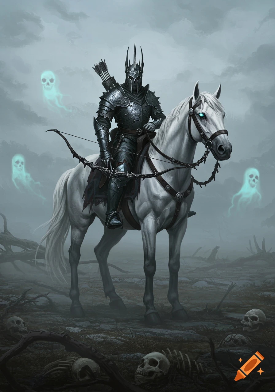 A formidable dark knight in spiky armor rides a white horse through a desolate, misty land with glowing ghost skulls and skeletons.