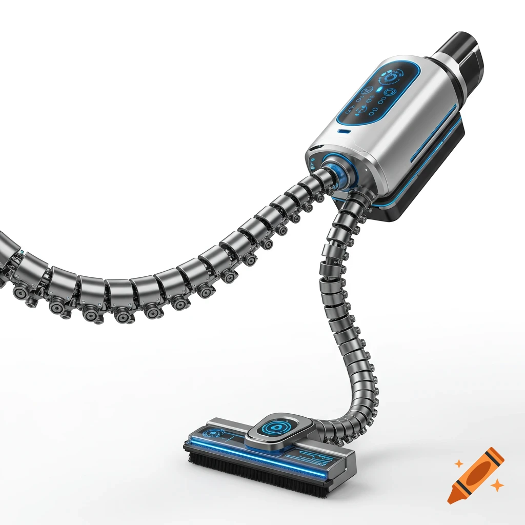 A sleek, silver futuristic vacuum device with blue glowing accents and two segmented mechanical tentacles connected to a brush head on a white background.