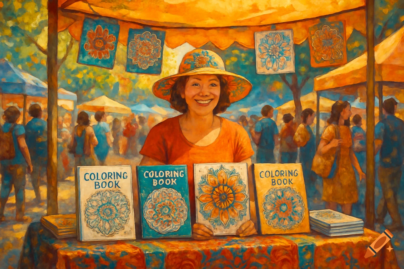 A smiling vendor in a hat sells mandala coloring books at a vibrant, painterly art fair.
