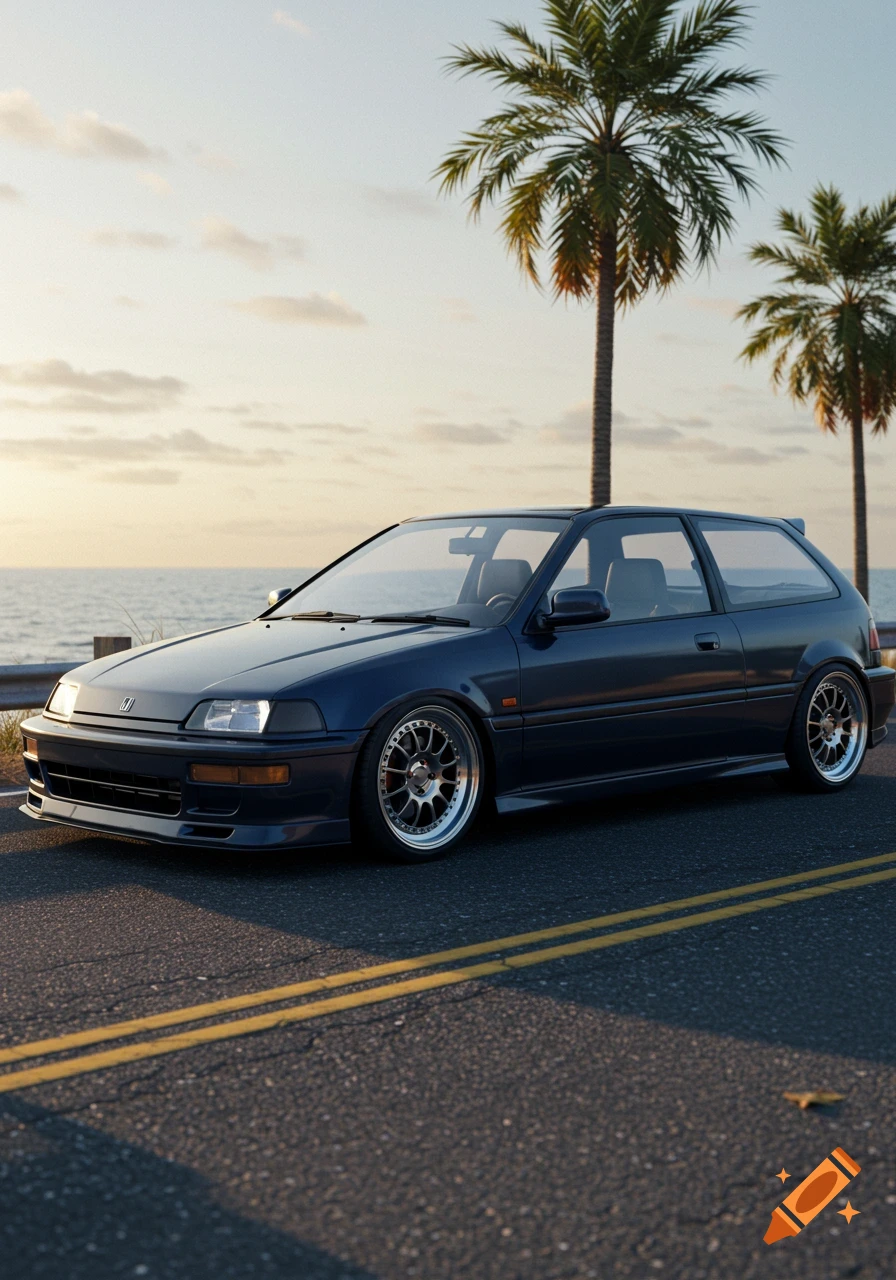 A dark blue Honda Civic hatchback parked on a coastal road at sunset, with palm trees and the ocean in the background.