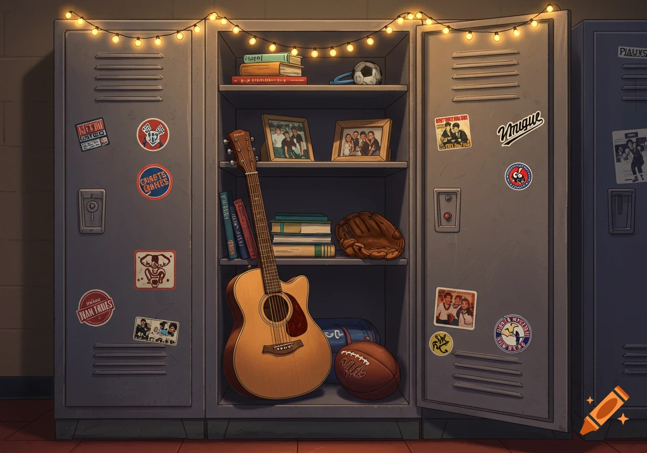 A stylized illustration of an open school locker filled with a guitar, books, sports equipment, photos, and decorated with string lights and stickers.