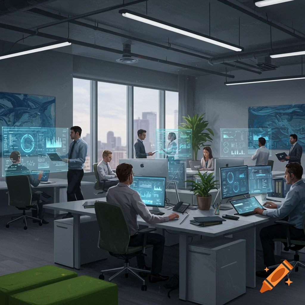 Modern office with professionals working on computers and holographic data displays, city skyline in background.