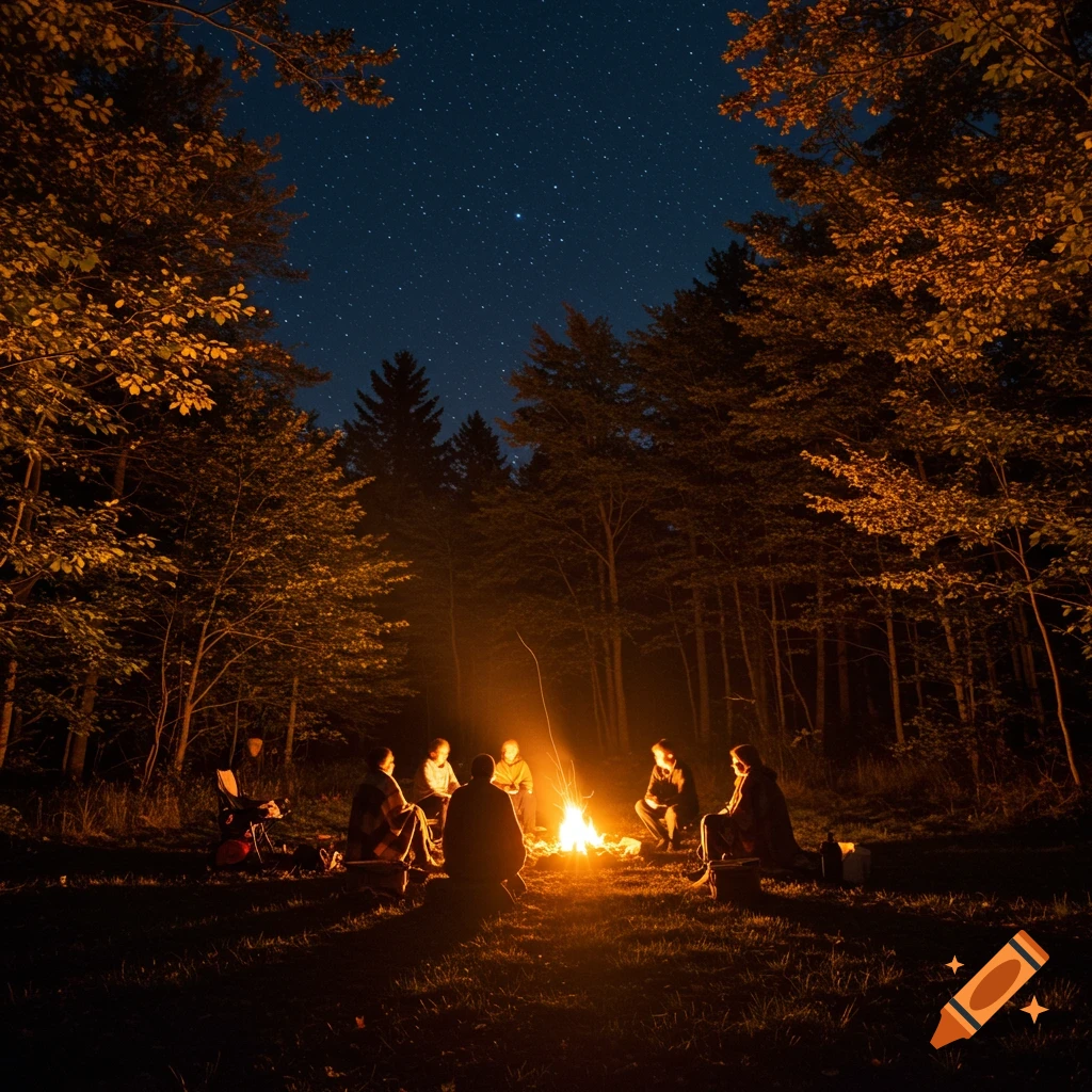 A group of people sit around a brightly burning campfire at night in a dark forest, under a clear, starry sky.
