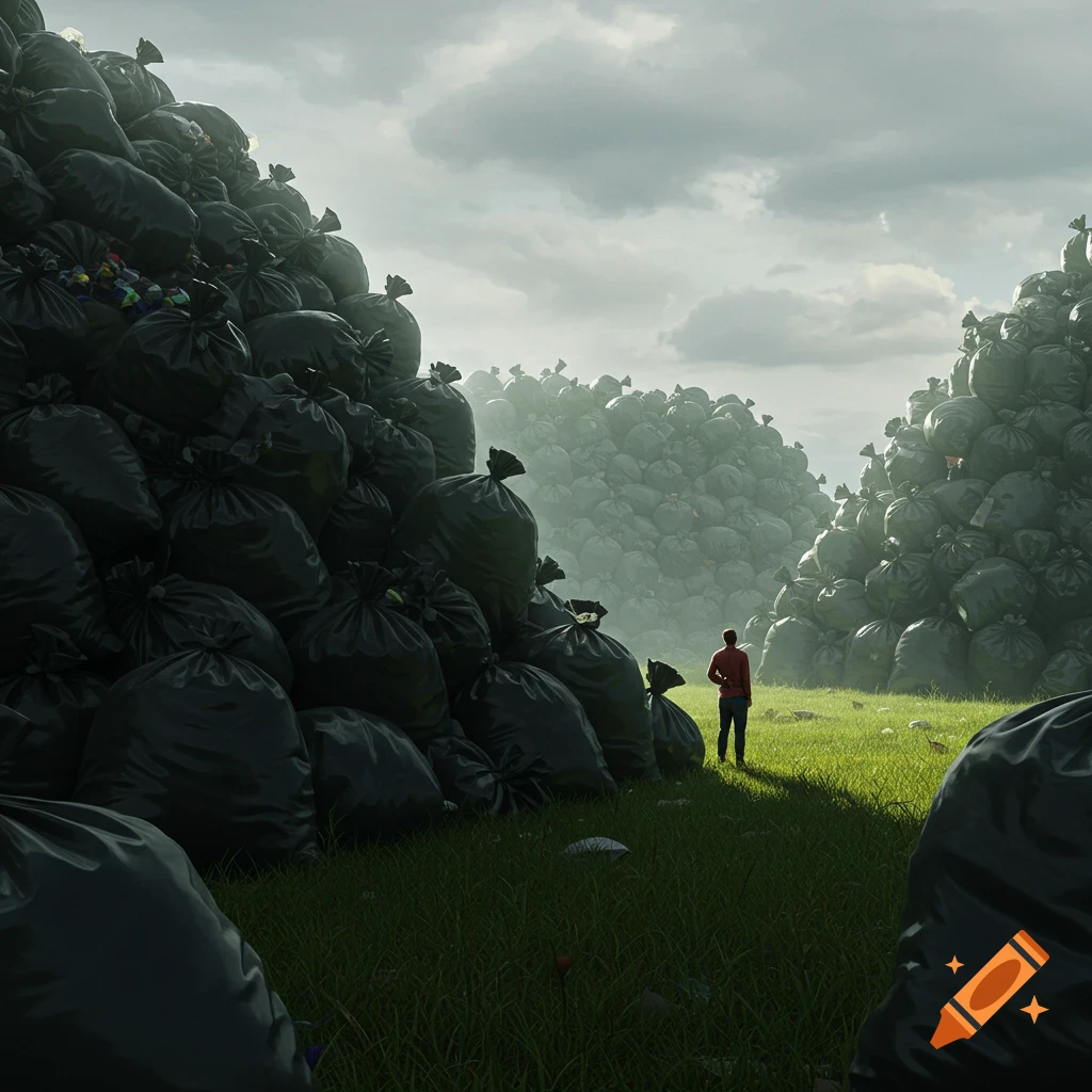 A person stands in a green field surrounded by massive, mountain-like piles of black trash bags under a cloudy sky.