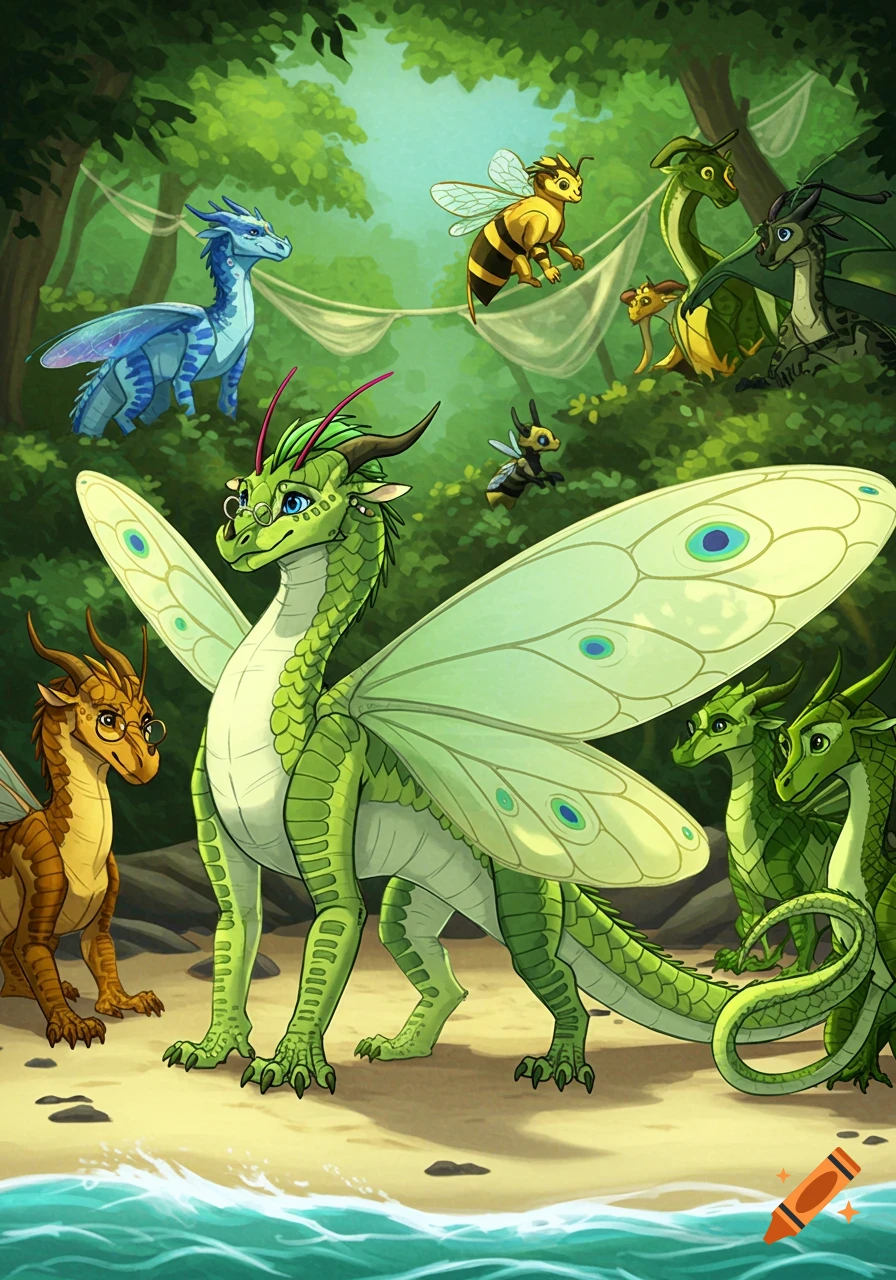 A group of colorful cartoon dragons and bee-creatures on a sandy beach with a lush green forest in the background.