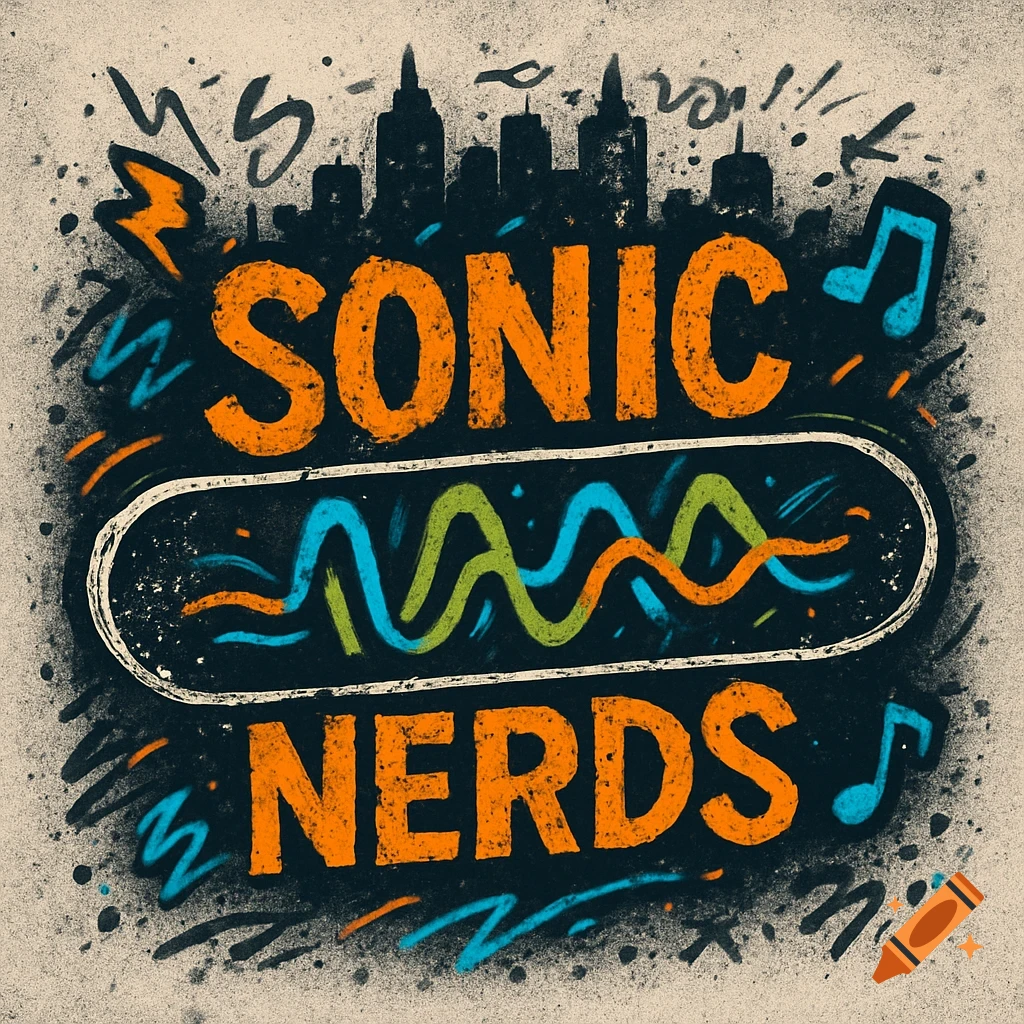 A gritty, street art style logo for 'SONIC NERDS' in orange text, with a city skyline, musical notes, and colorful wavy lines on a dark background.