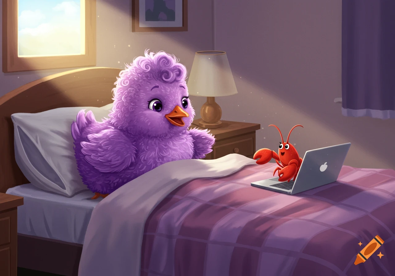 A fluffy purple chick lies in bed, looking at a laptop where a red cartoon lobster is typing. Cozy bedroom setting.