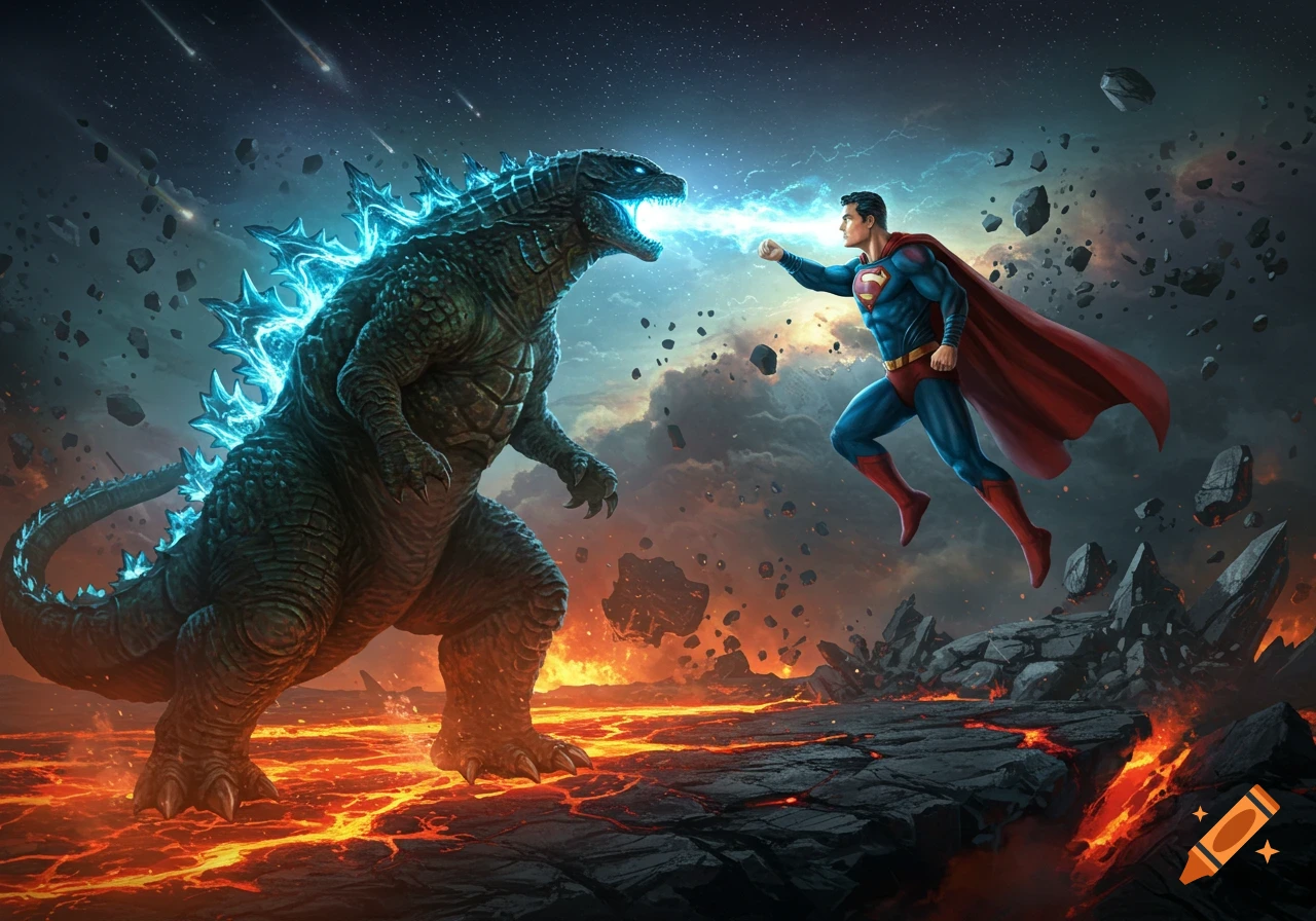 Godzilla and Superman battle amidst a lava landscape with asteroids and a starry sky, both emitting energy.