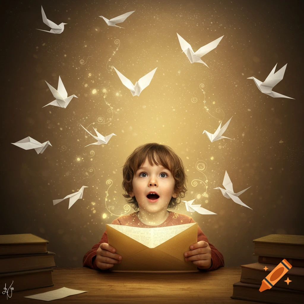 A young child with wide eyes looks with wonder at an open, glowing envelope from which white origami birds fly out.