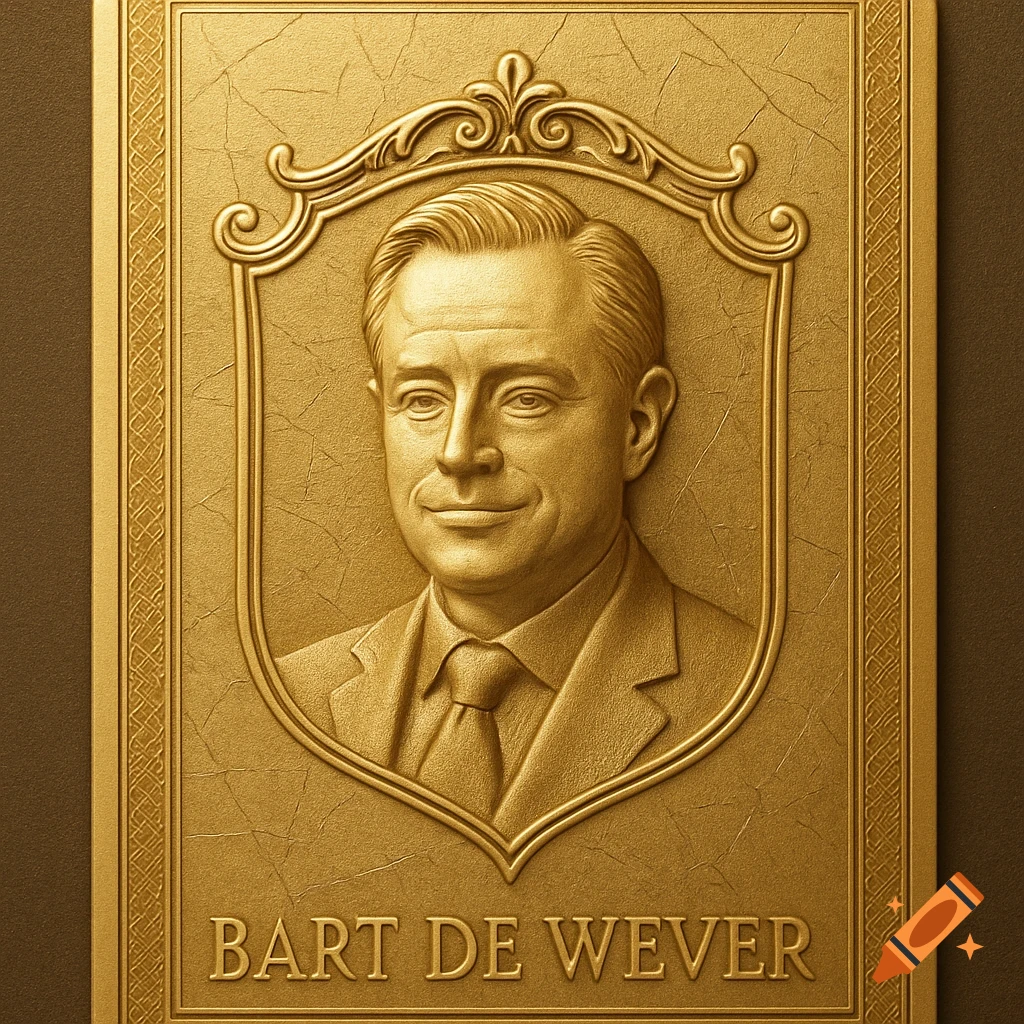 A gold bas-relief portrait of a man in a suit, labeled 'BART DE WEVER' at the bottom.