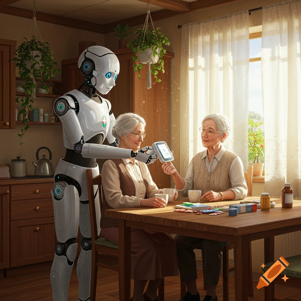 A robot assists two elderly women at a kitchen table, holding a device for one of them, in a warm, photorealistic style.