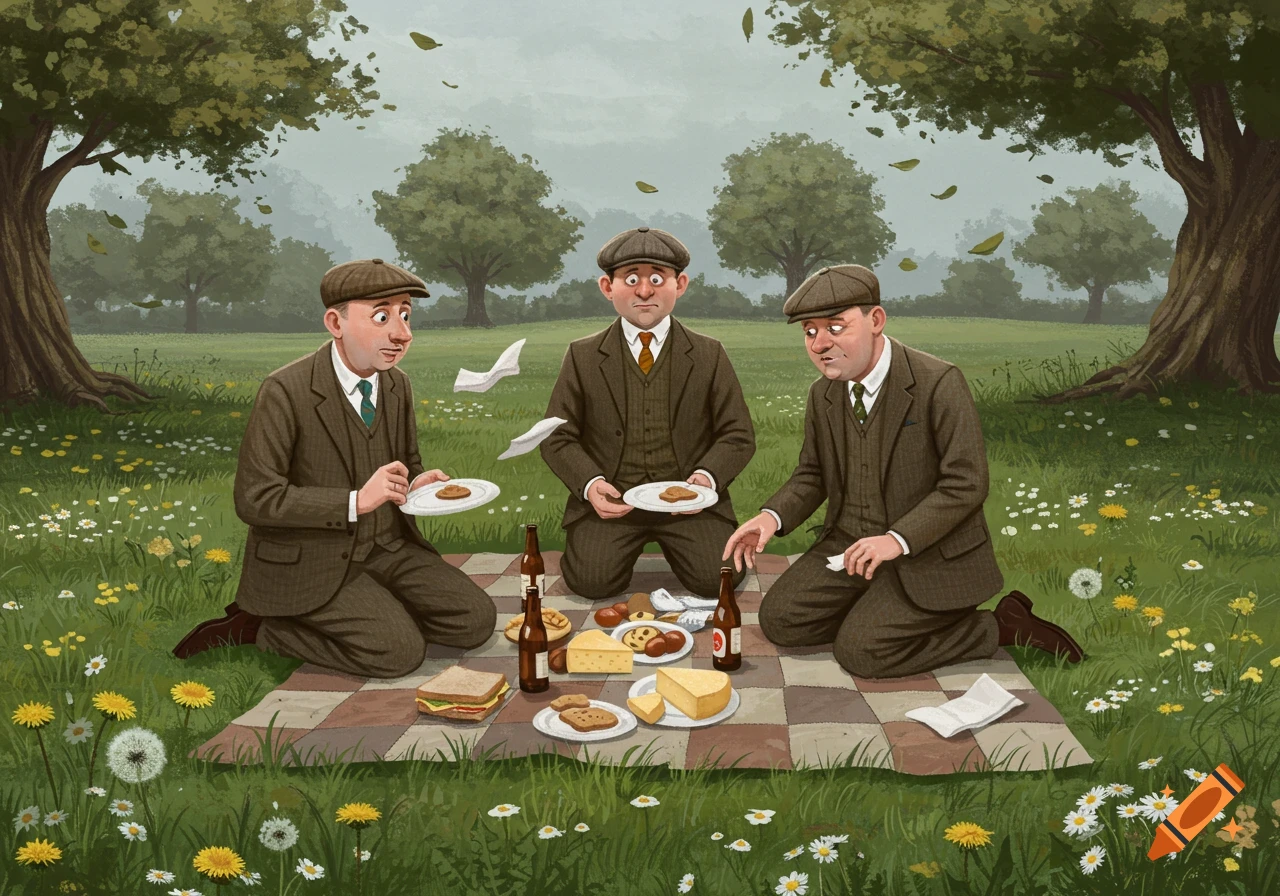 Three British men in brown suits and flat caps have a picnic on a checkered blanket in a grassy field, illustrated in a dreary style.