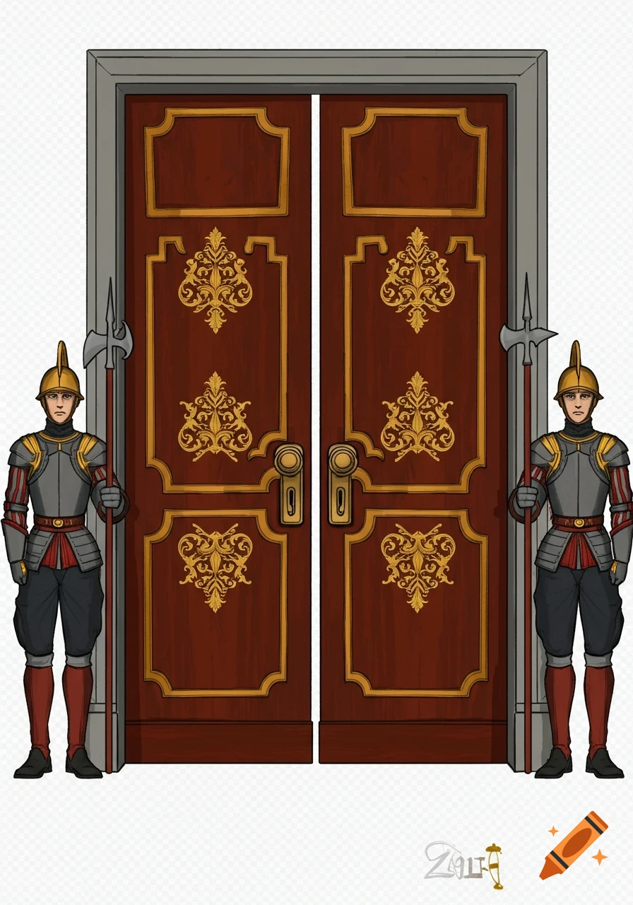 A clip art illustration of two guards in medieval armor standing beside ornate, closed wooden doors with golden decorations.