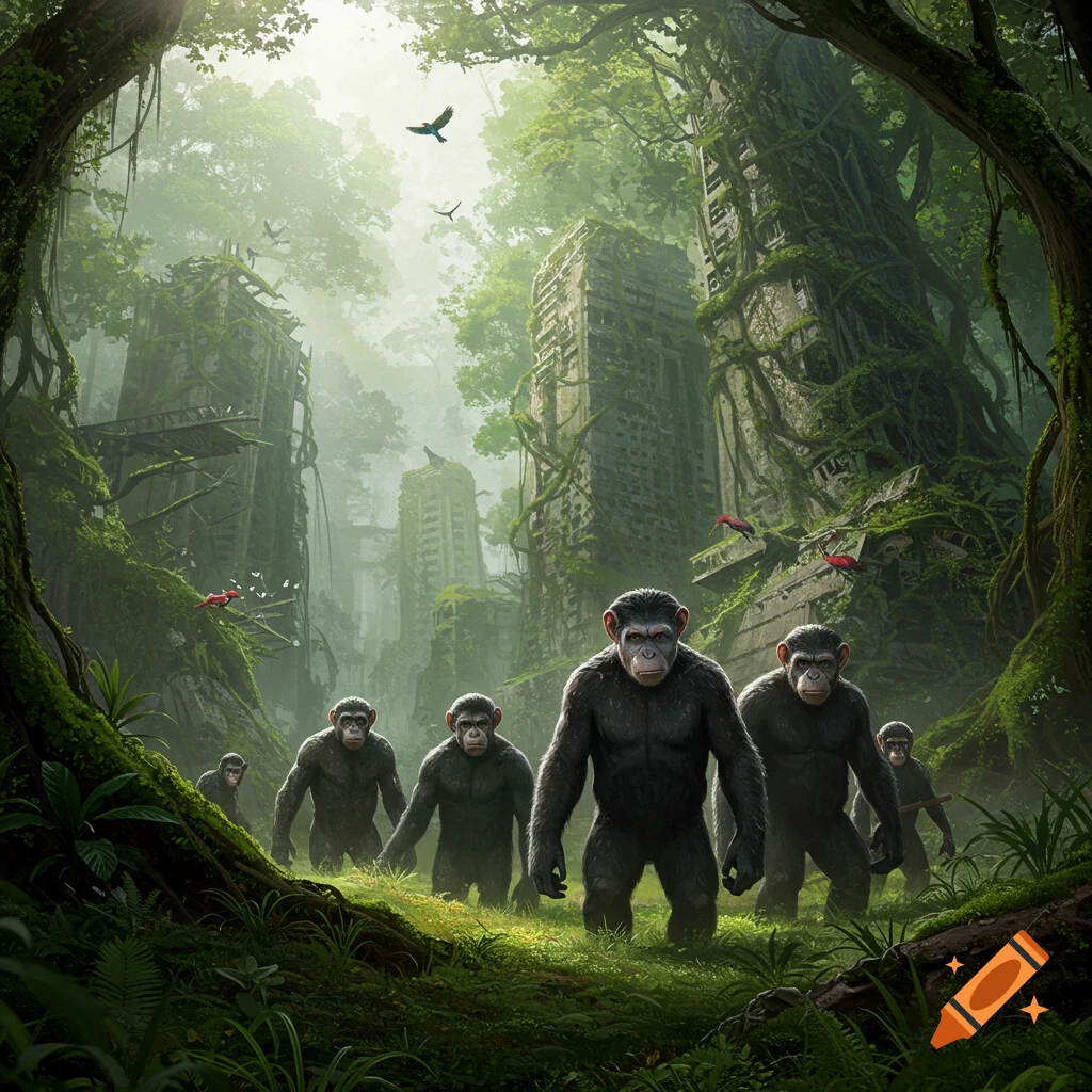Photorealistic image of chimpanzees walking through a jungle-overgrown, ruined city under a hazy sky.