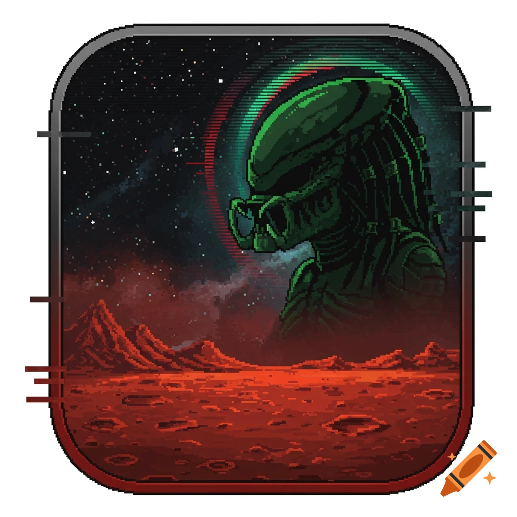 Pixel art icon of a green Predator alien looking over a red, rocky Martian landscape with a starry sky.