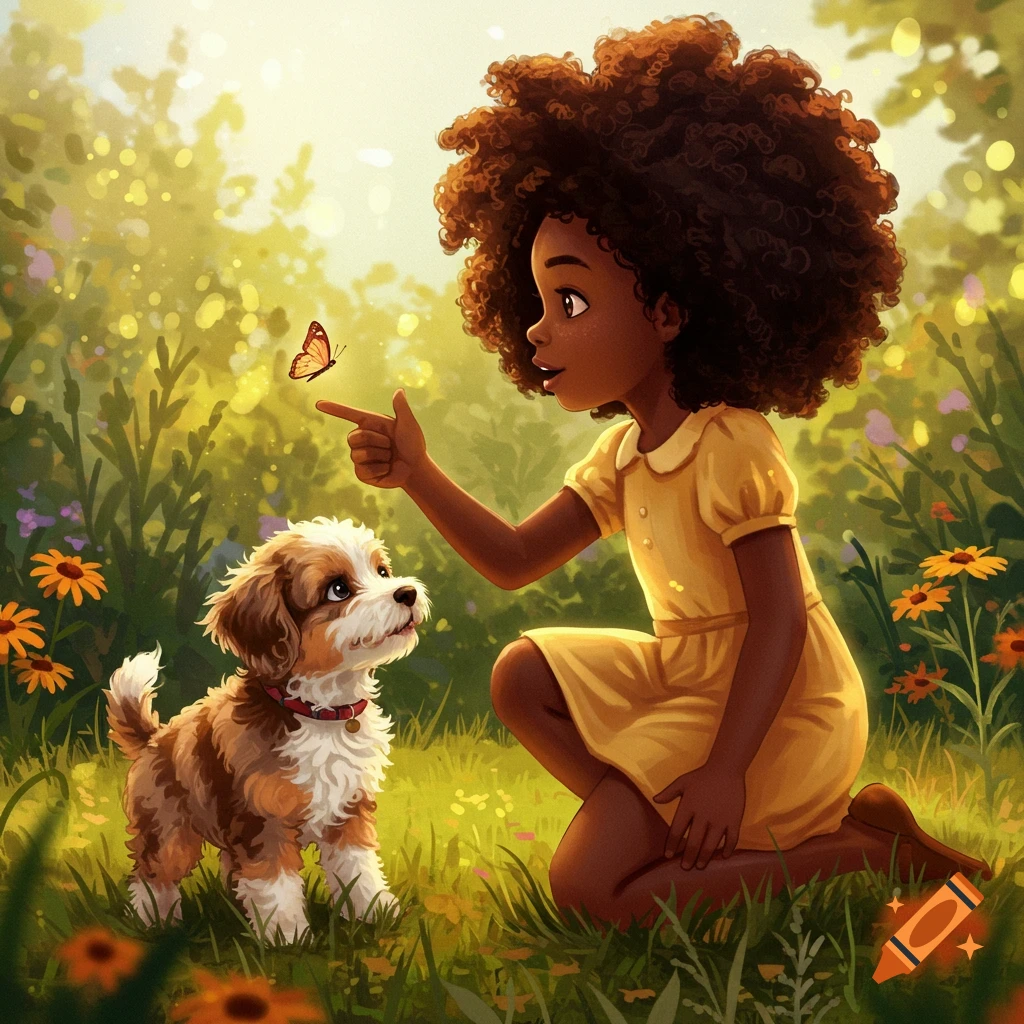 A Black girl with an afro kneels in a sunny field, pointing at a butterfly while a Mini Aussie Doodle puppy looks on. Illustrated style.