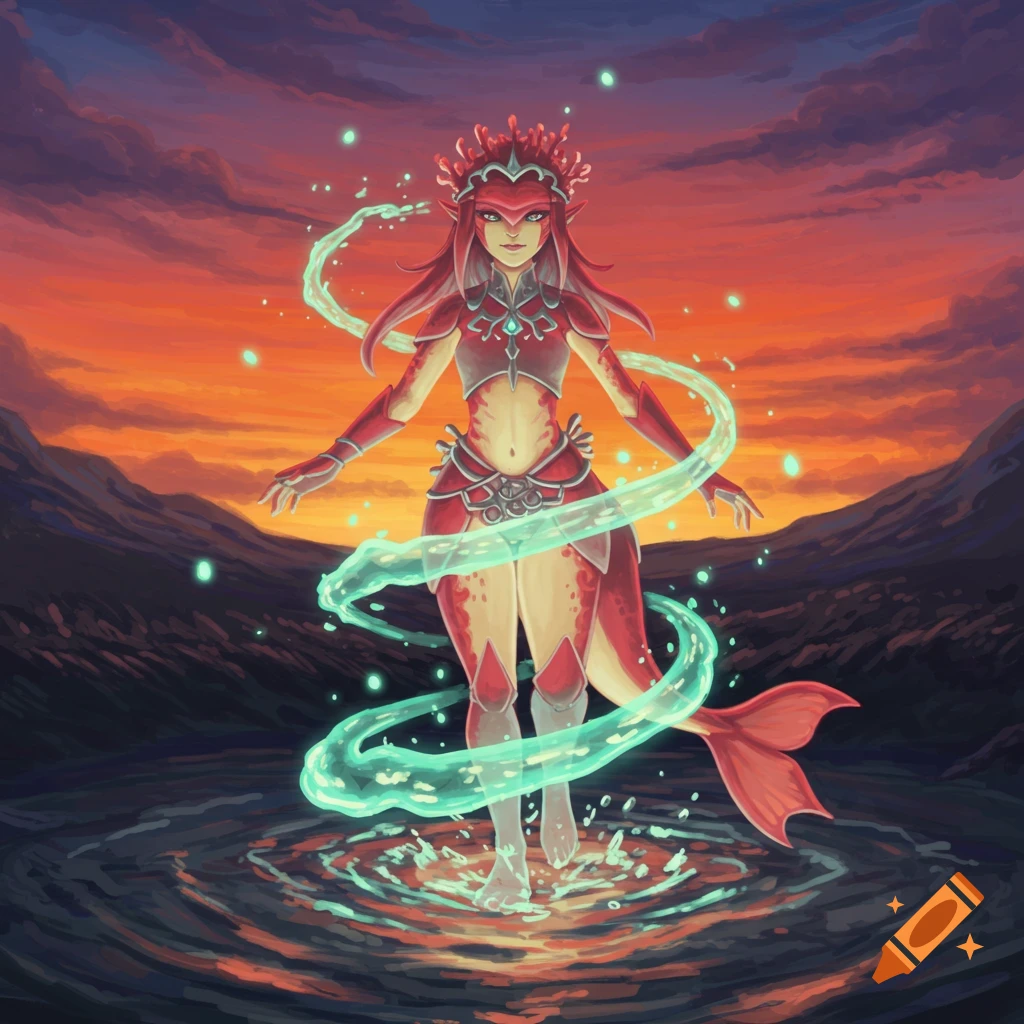 Red Zora-like character, Mipha, stands in water with glowing teal tendrils, against a vibrant sunset sky and dark mountains, stylized.