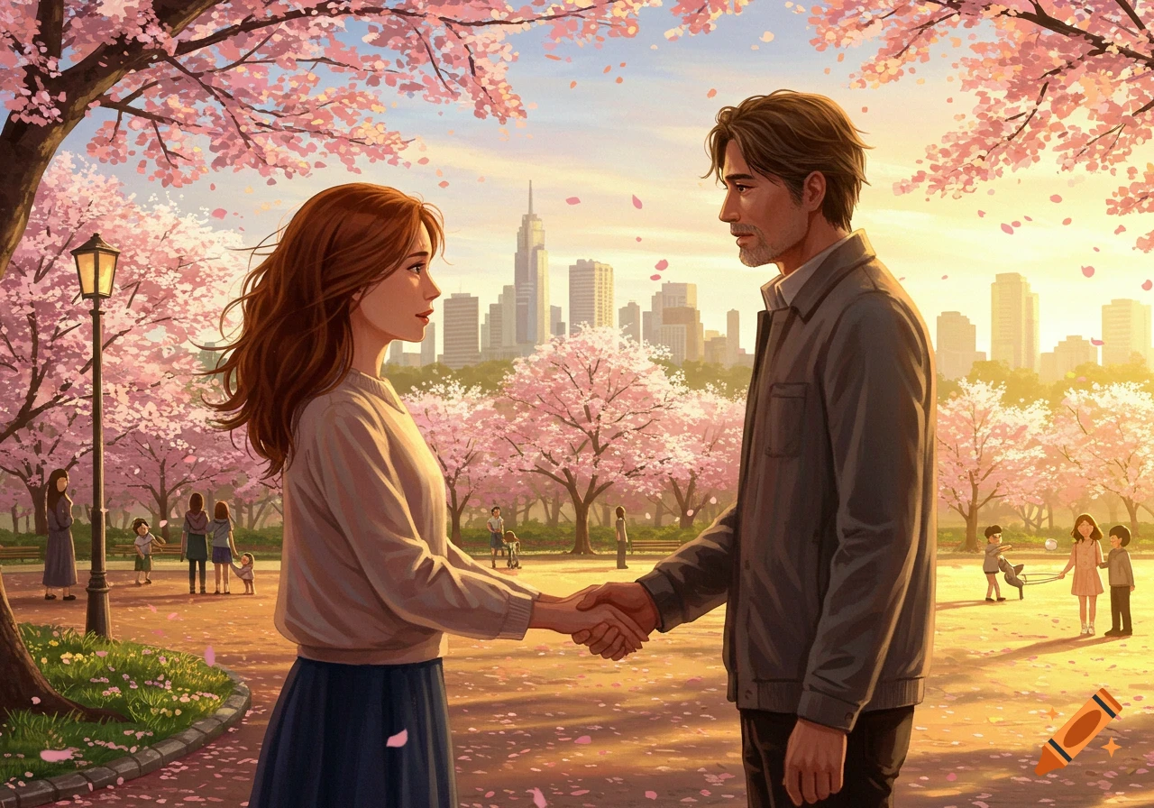 A man and woman shake hands in a vibrant cherry blossom park with a city skyline in the background, digital illustration.