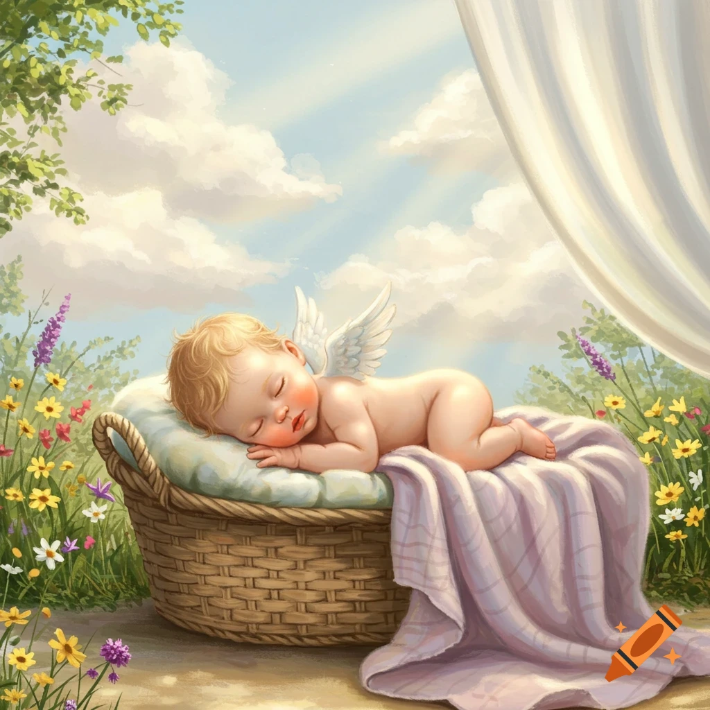 A sleeping baby with small white wings lies on a pillow in a woven basket, surrounded by colorful flowers and greenery under a sunny sky.